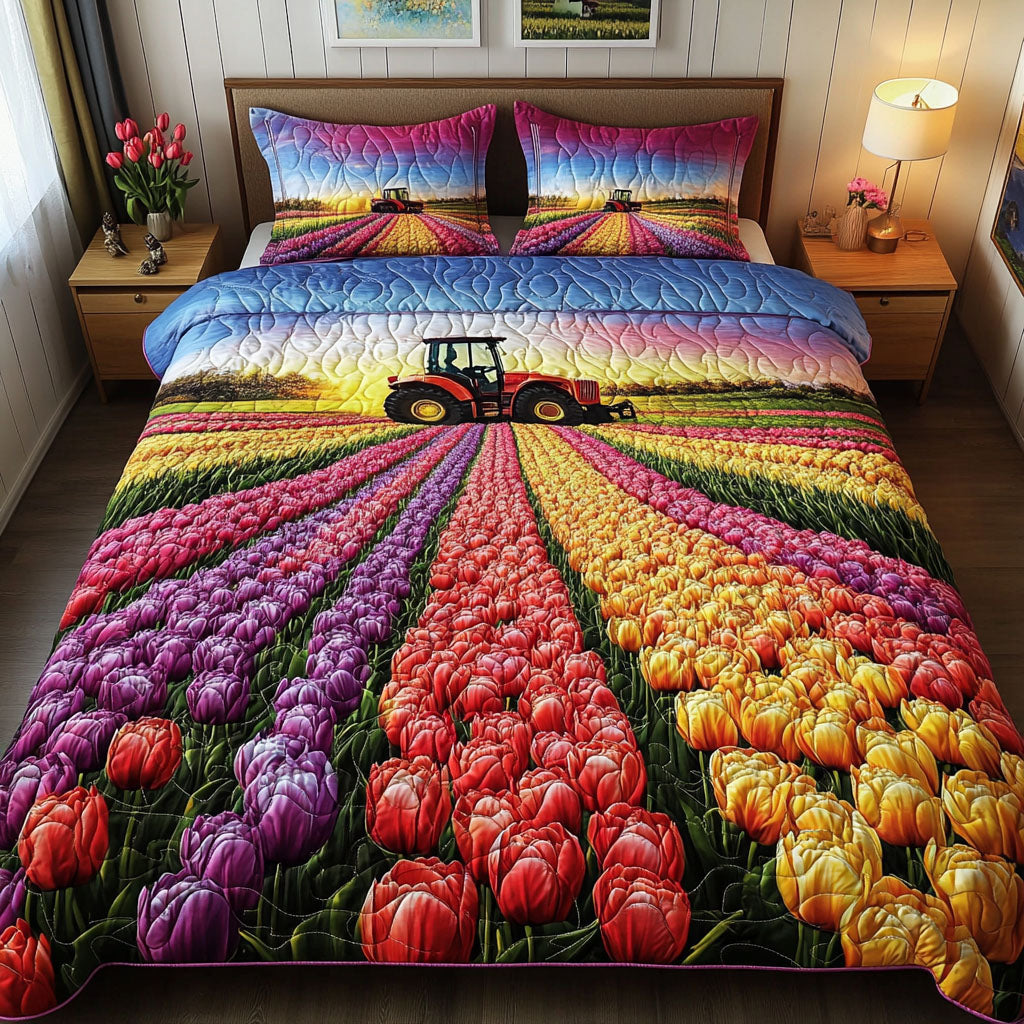Tulip Pathway Quilted Bedding Set Duvet Cover Bed Sheet Set Farmer Tractor Gifts Items