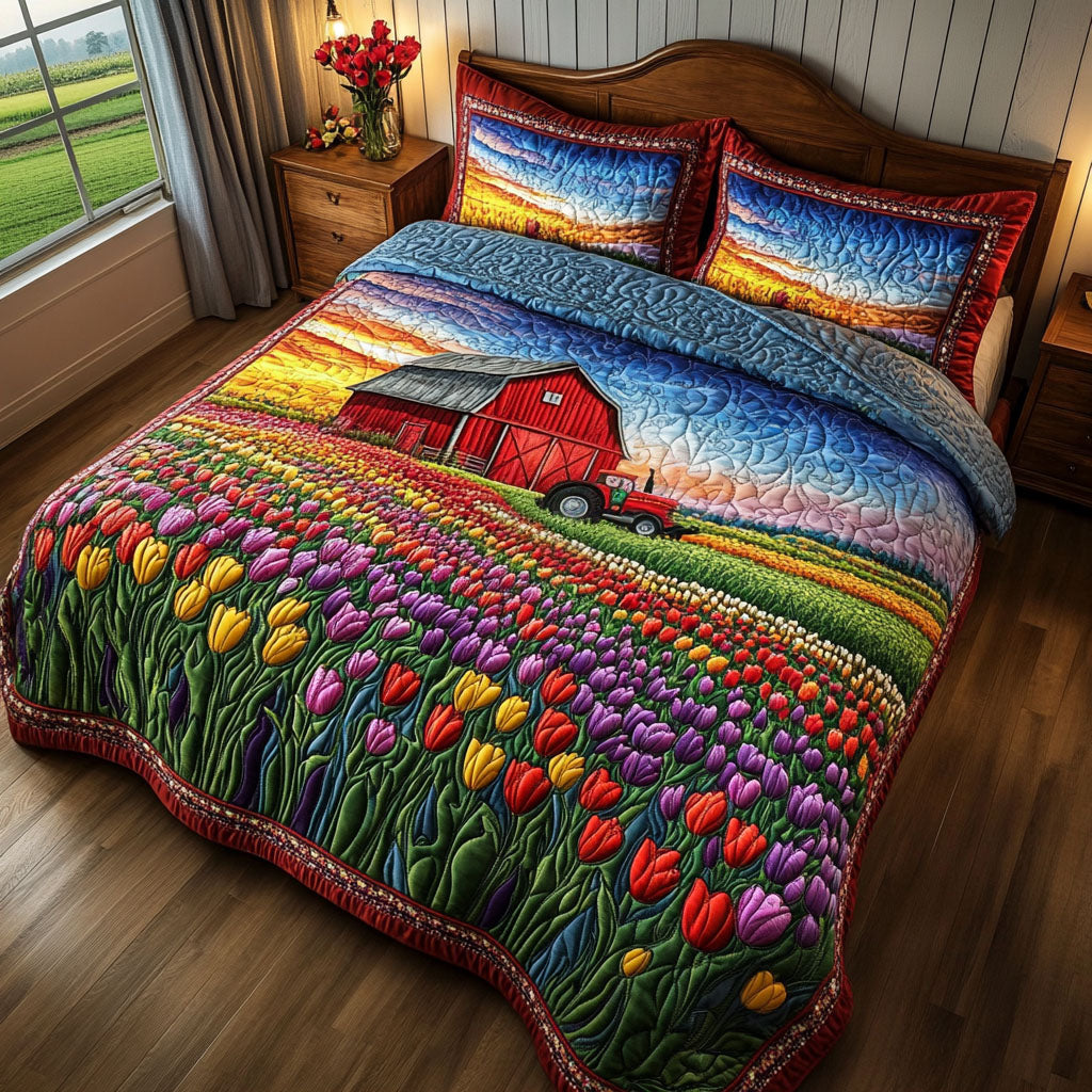 Tulips and Tractors Quilted Bedding Set Duvet Cover Bed Sheet Set Gifts For Tractor Drivers Tulips and Tractors Quilted Bedding Set Duvet Cover Bed Sheet Set Gifts For Tractor Drivers
