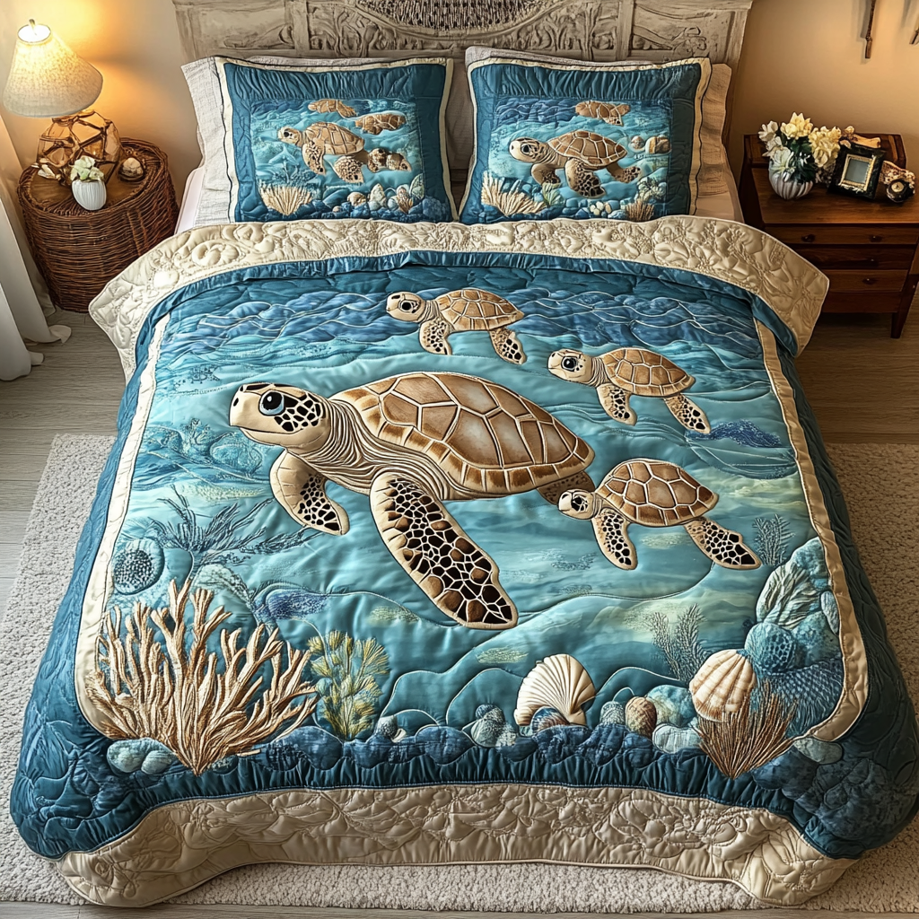 Turtle Drift Quilted Bedding Set Duvet Cover Bed Sheet Set Sea Turtle Stuff