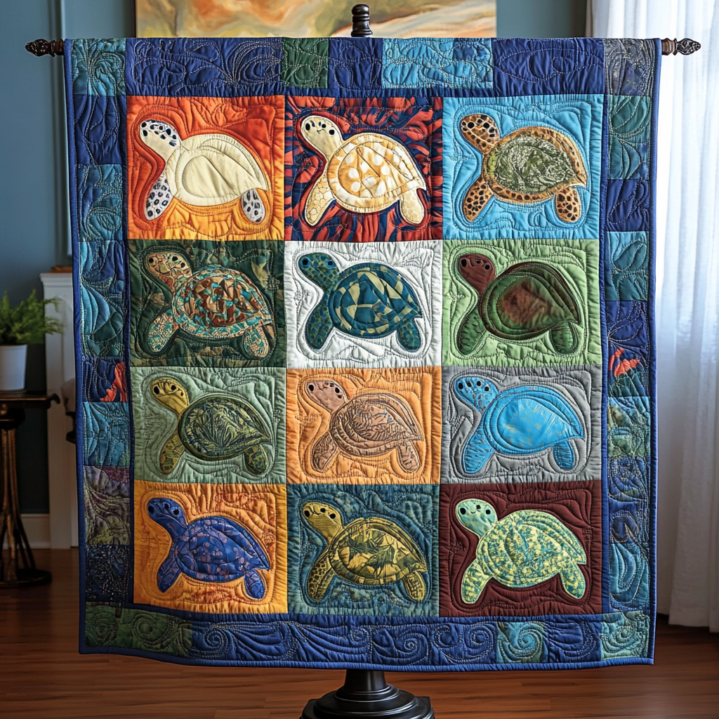 Turtle Tranquility Quilted Blanket Cute Colorful Blanket Gifts For A Turtle Lover