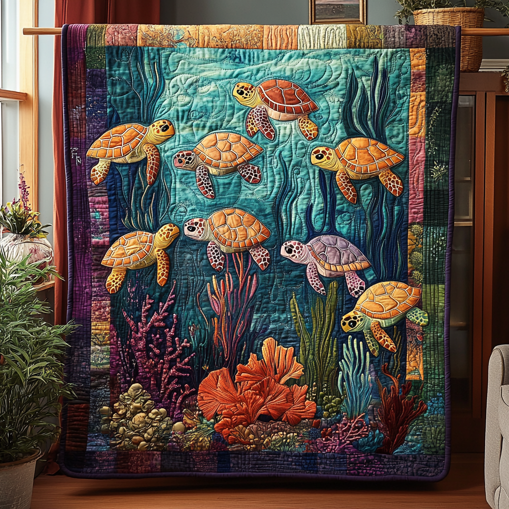 Turtle Tranquility Quilted Blanket Cute Colorful Blanket Sea Turtle Gift Ideas Xmas