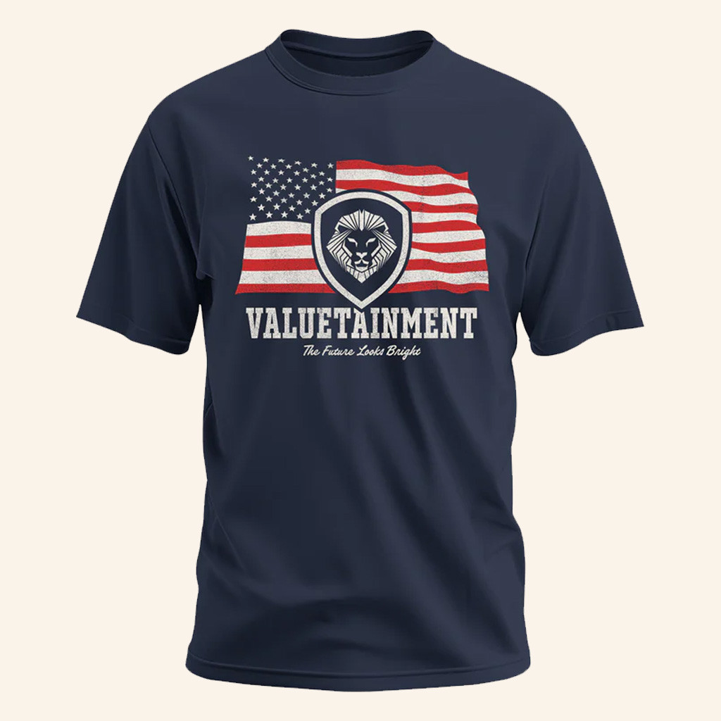 Valuetainment Merch The Future Looks Bright Lion Shield USA Flag T-Shirt Gifts For Dad