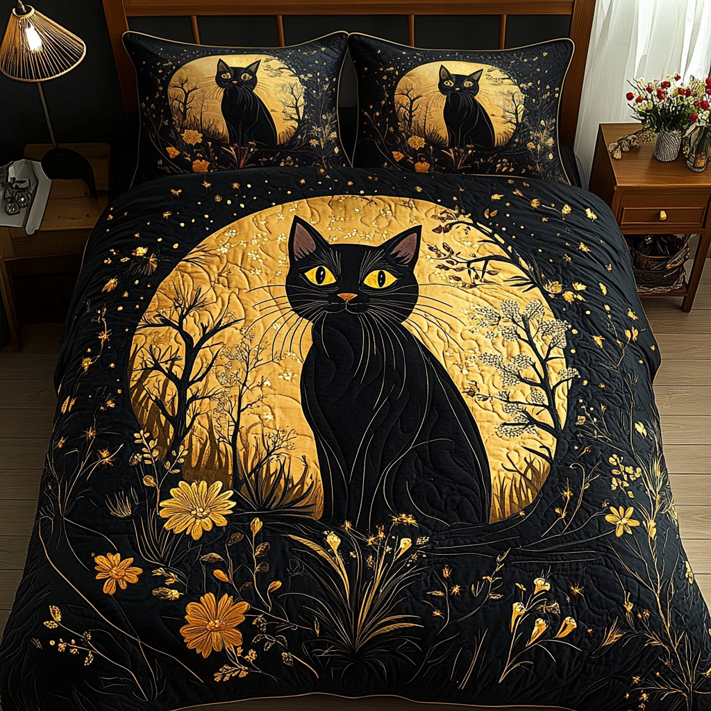 Velvet Stare Quilted Bedding Set Duvet Cover Bedspread Cat Lovers