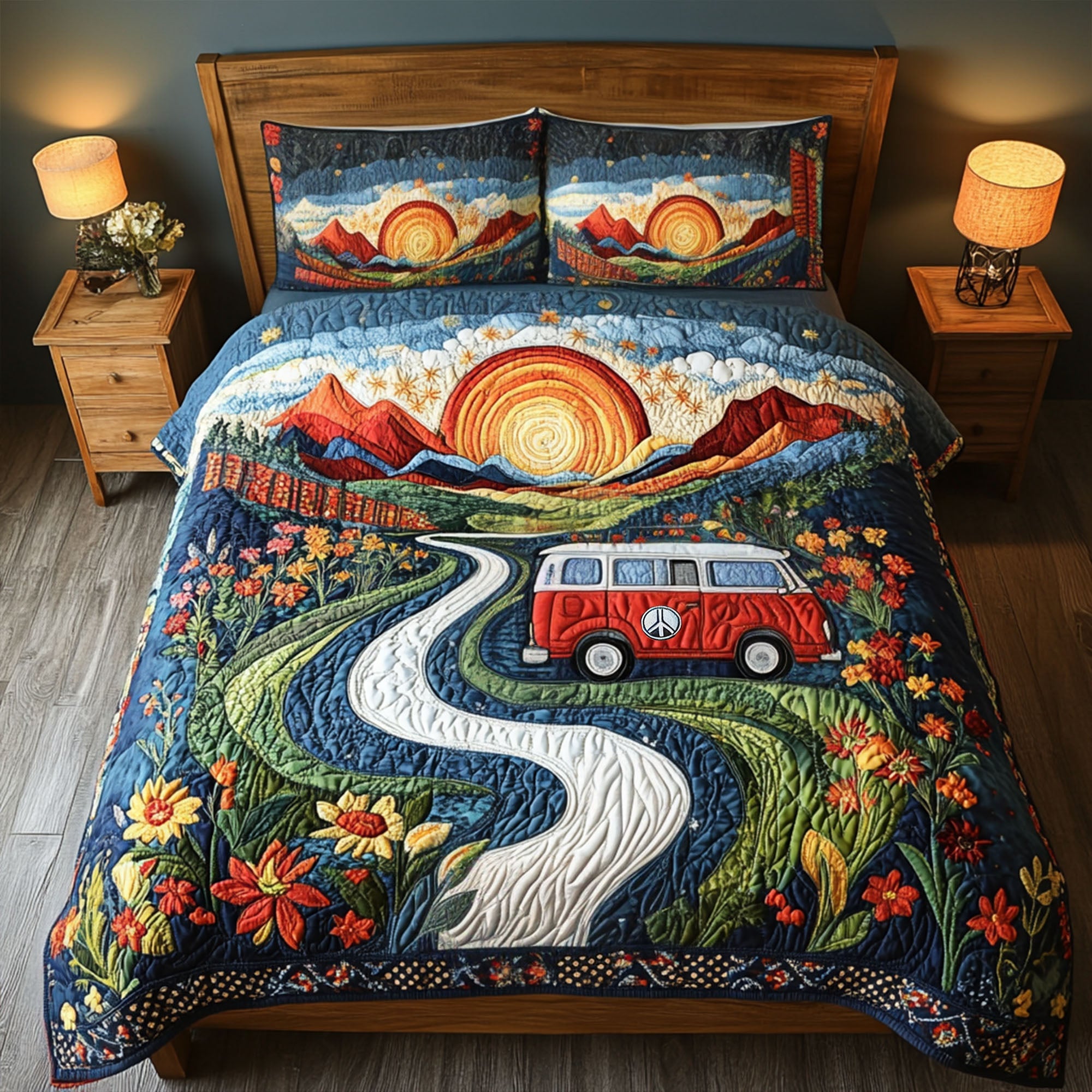 Vibrant Hillside Van Quilted Bedding Set Duvet Cover Bedspread Great Presents For Campers Vibrant Hillside Van Quilted Bedding Set Duvet Cover Bedspread Great Presents For Campers