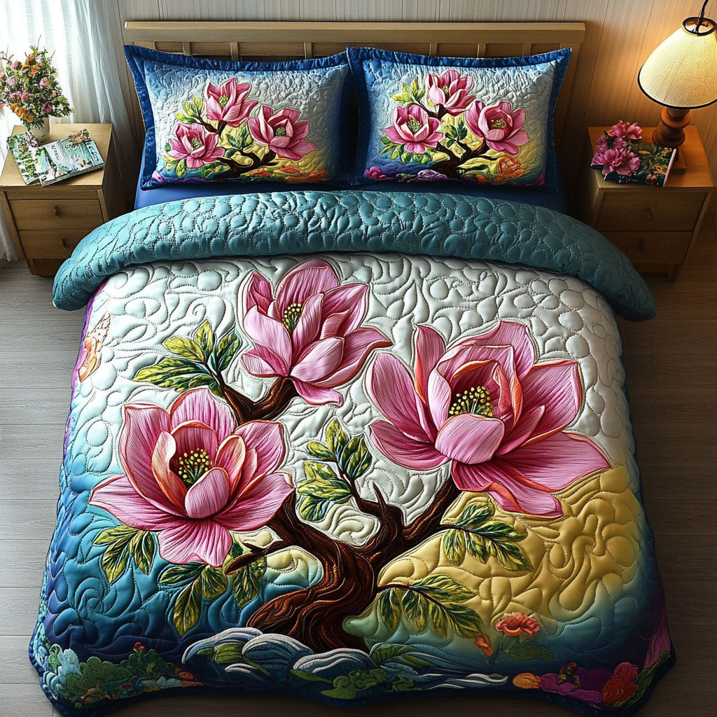Vibrant Pink Blossoms Quilted Bedding Set Duvet Cover Bed Sheet Set Floral Gifts Items