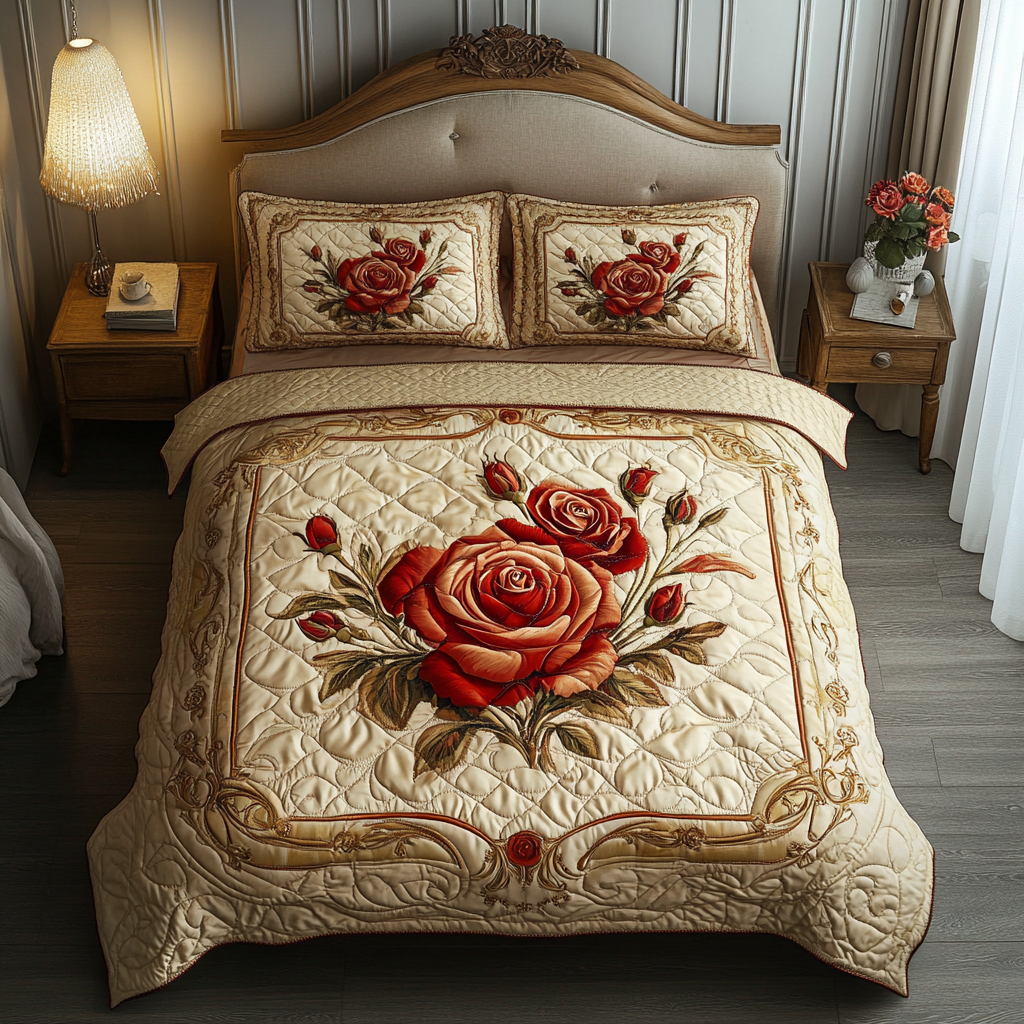 Vintage Rose Quilted Bedding Set Duvet Cover Bed Sheet Set Roses Gifts For The Flower Lover Vintage Rose Quilted Bedding Set Duvet Cover Bed Sheet Set Roses Gifts For The Flower Lover