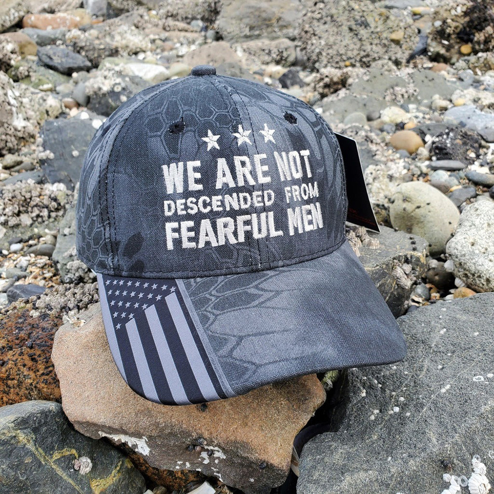 We Are Not Descended From Fearful Embroidered Camo Hat American Patriotic Hat Veterans Gifts We Are Not Descended From Fearful Embroidered Camo Hat American Patriotic Hat Veterans Gifts