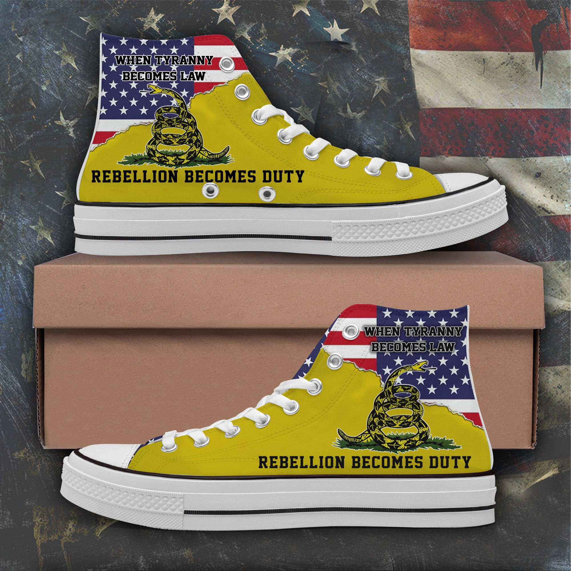When Tyranny Becomes Law Rebellion Becomes Duty High Top Shoes Don't Tread On Me Patriot Shoes When Tyranny Becomes Law Rebellion Becomes Duty High Top Shoes Don't Tread On Me Patriot Shoes