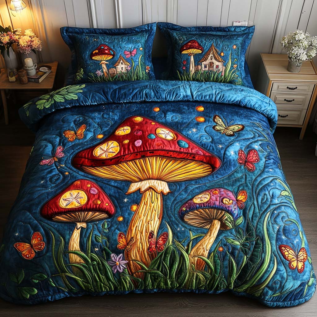Whimsical Woods Quilted Bedding Set Duvet Cover Bed Sheet Set Presents For Mushroom Lovers