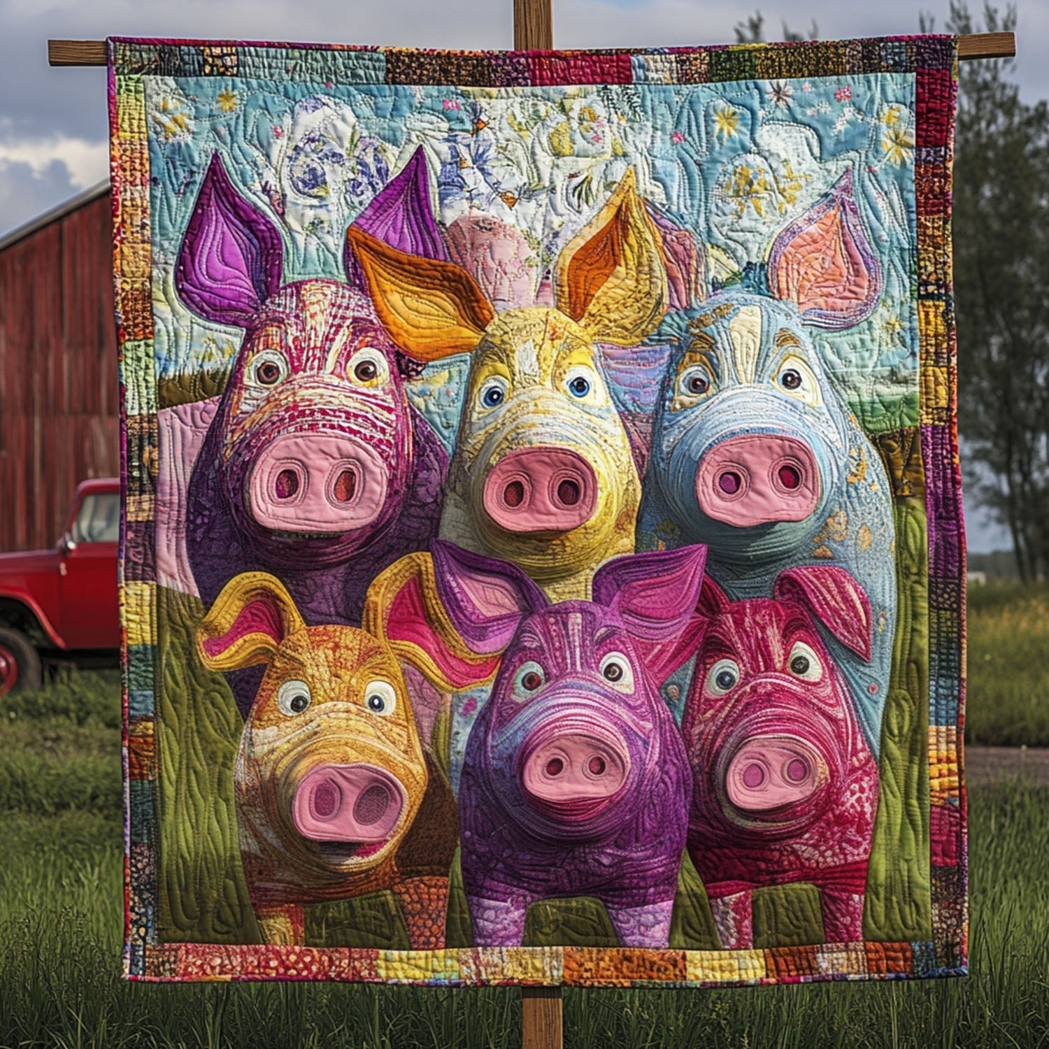 Whimsy in the Field Quilted Blanket Cute Colorful Blanket Cute Pig Gifts For Him Whimsy in the Field Quilted Blanket Cute Colorful Blanket Cute Pig Gifts For Him