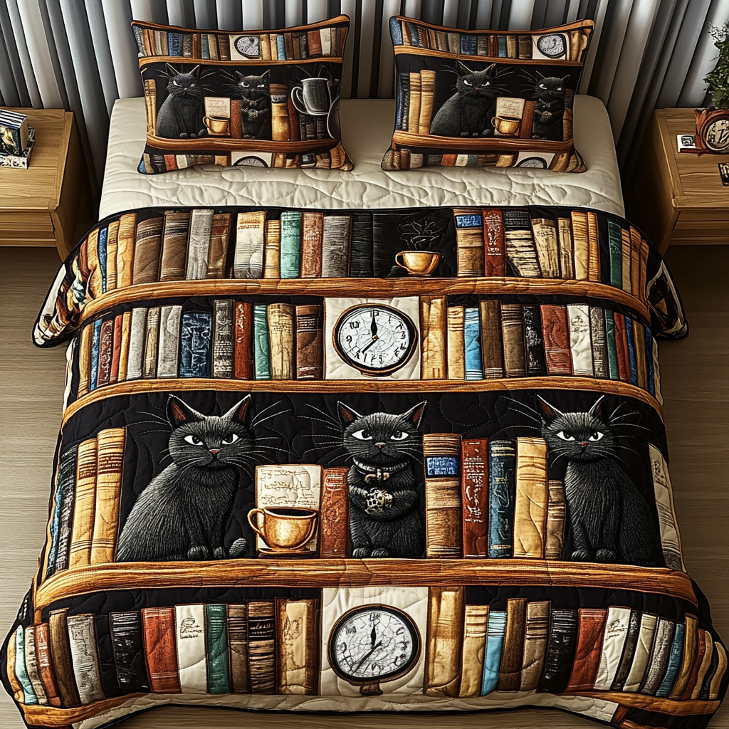 Whisker Library Quilted Bedding Set Duvet Cover Bedspread Cat Presents Whisker Library Quilted Bedding Set Duvet Cover Bedspread Cat Presents