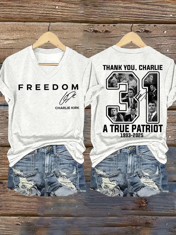 White Freedom V-neck T-Shirt Charlie Kirk Shirt TPUSA Merch Thank You Charlie 31 Clothing White Freedom V-neck T-Shirt Charlie Kirk Shirt TPUSA Merch Thank You Charlie 31 Clothing