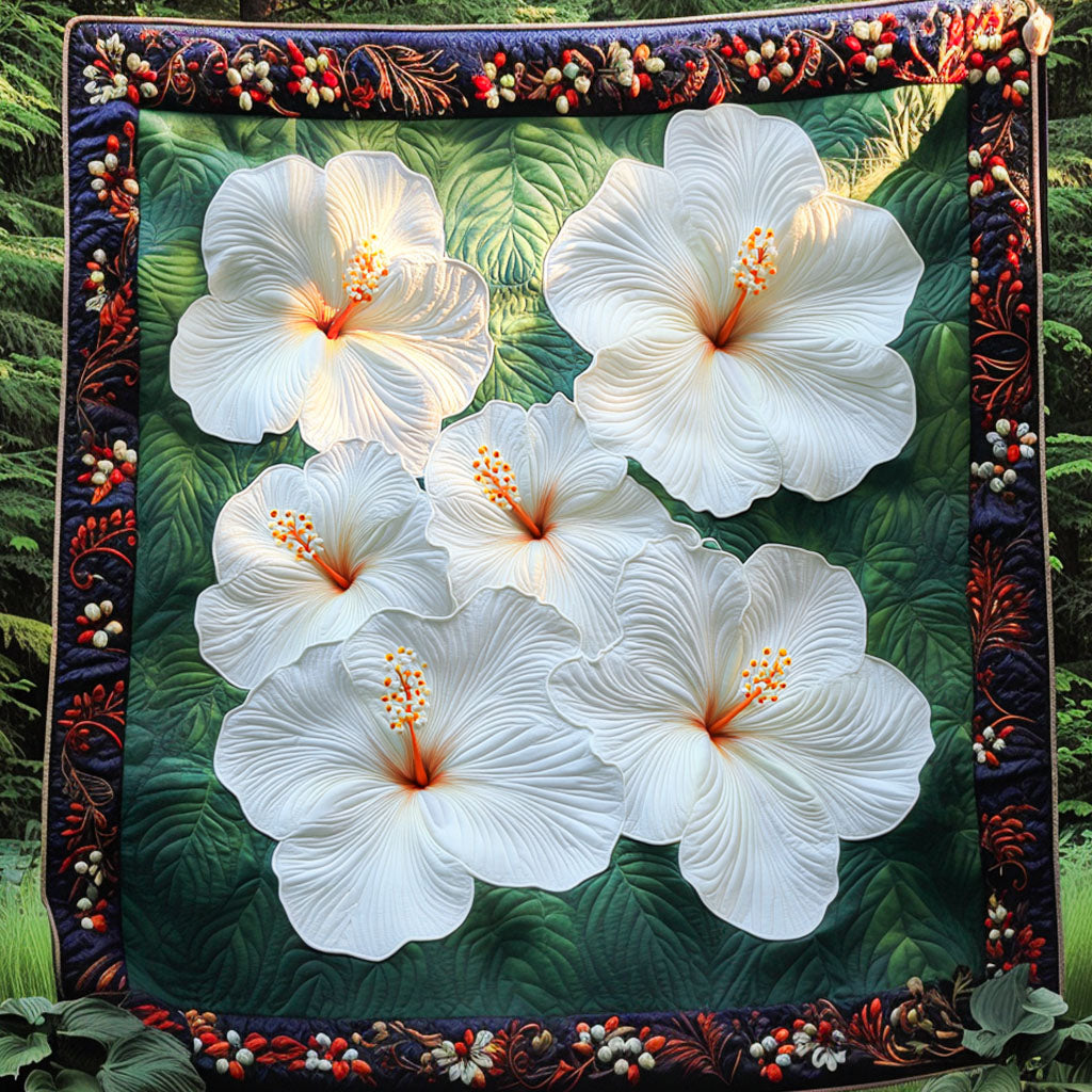 White Hibiscus Grace Quilted Blanket Cute Throw Blanket Xmas Gifts For Dad