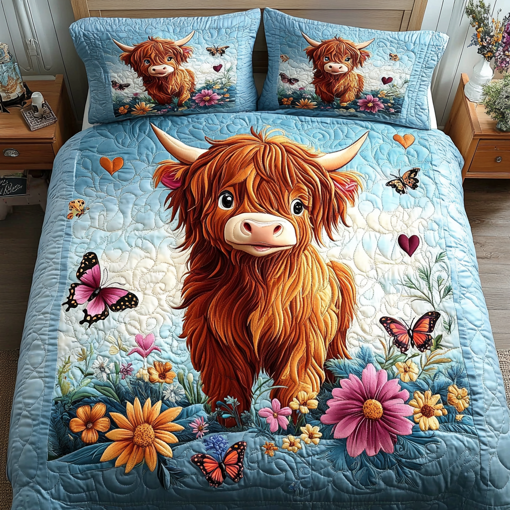Wildflower Moo Quilted Bedding Set Duvet Cover Bedspread Farm Highland Cattle Gifts Wildflower Moo Quilted Bedding Set Duvet Cover Bedspread Farm Highland Cattle Gifts