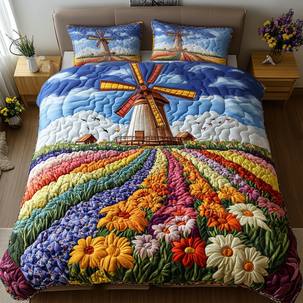 Windmill Meadow Quilted Bedding Set Duvet Cover Bed Sheet Set Christmas Gifts For Flower Lovers