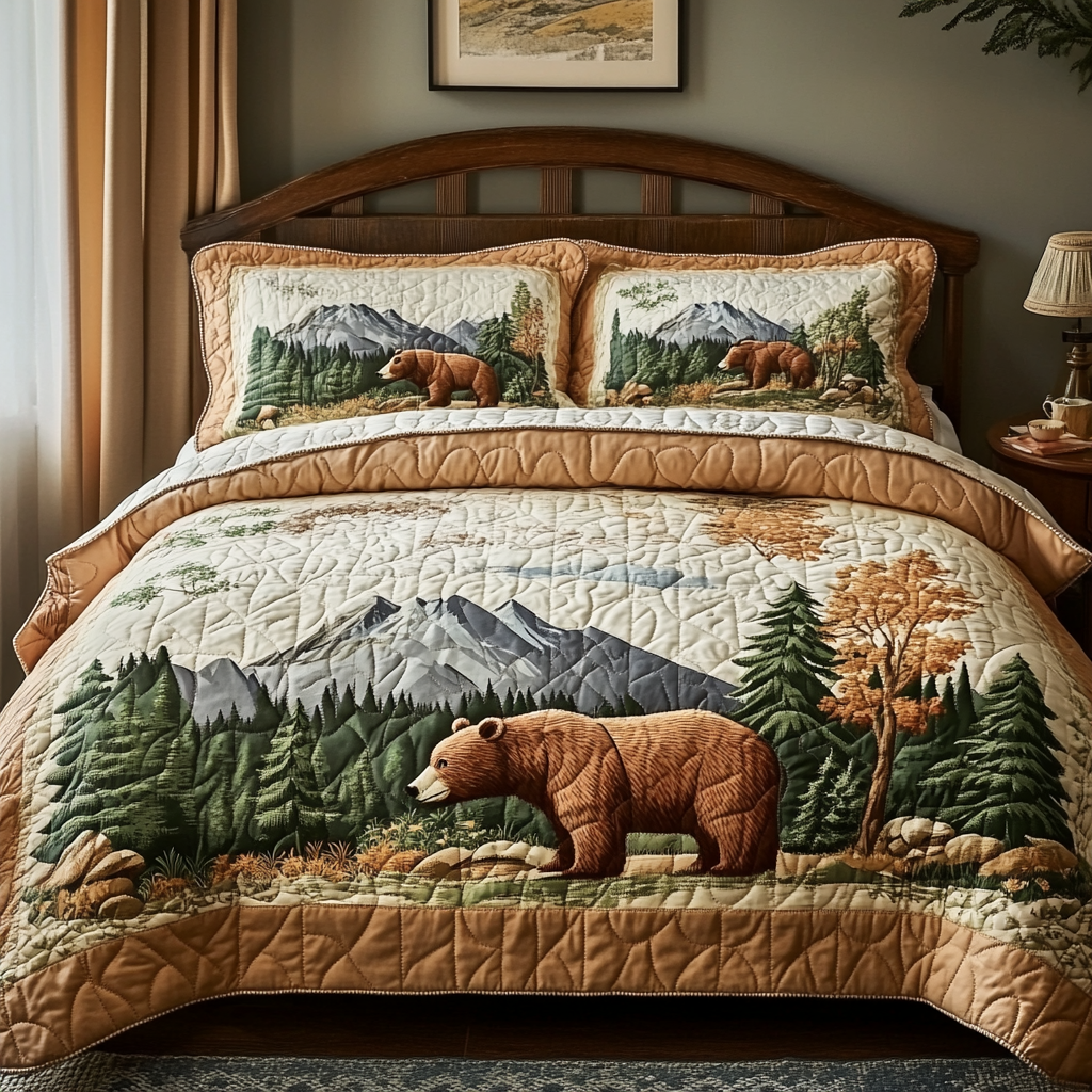Woodland Bear Quilted Bedding Set Duvet Cover Bed Sheet Set Bear Gifts For Dad Woodland Bear Quilted Bedding Set Duvet Cover Bed Sheet Set Bear Gifts For Dad