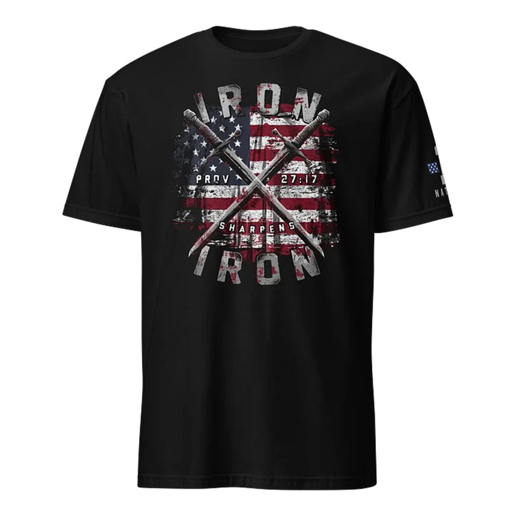 1 Nation Design Merch 2026 Iron Sharpens Iron T-Shirt USA Flag Shirt Patriotic Gifts For Him - Kdjoy