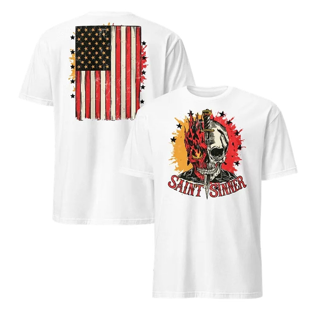 1 Nation Design Merch 2026 Saint Sinner T-Shirt White USA Flag Shirt Patriotic Gift Ideas - Kdjoy