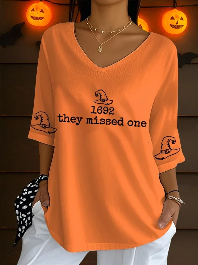 1692 They Missed One Retro Crop Sleeve V-Neck T-Shirt Witch Outfit For Women Halloween Present - Kdjoy
