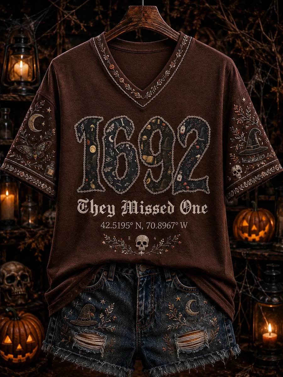 1692 They Missed One V-Neck Shirt Witches Clothing Halloween Gifts For Her - Kdjoy 1692 They Missed One V-Neck Shirt Witches Clothing Halloween Gifts For Her - Kdjoy