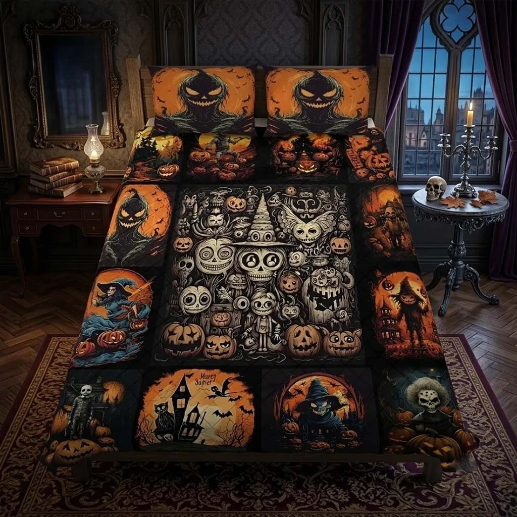 2026 Halloween Horror Pumpkin Quilt Bedding Set Spooky Home Decor Ideas Halloween Gifts - Kdjoy