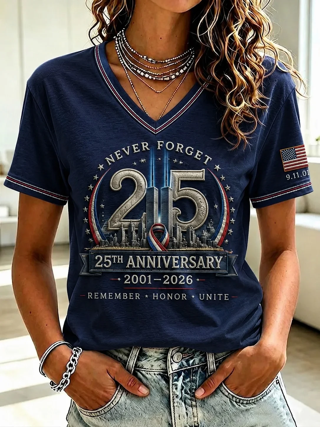 911 Never Forget 25th Anniversary V-Neck Shirt Patriot Day Merch Remember Honor Unite T-Shirt - Kdjoy