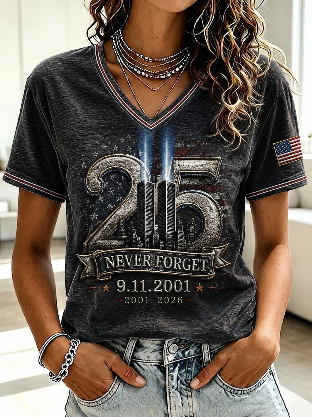 911 Never Forget 25th Anniversary V-Neck Shirt Patriot Day Merch Twin Towers Memorial Clothes - Kdjoy 911 Never Forget 25th Anniversary V-Neck Shirt Patriot Day Merch Twin Towers Memorial Clothes - Kdjoy
