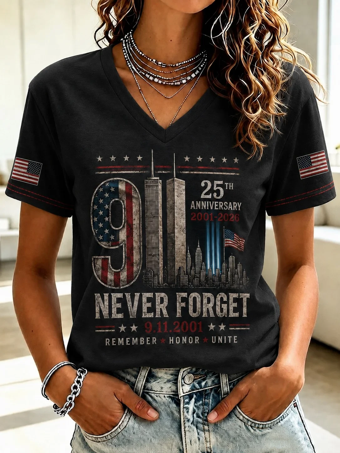 911 Never Forget 25th Anniversary V-Neck Shirt Patriot Day T-Shirt Forever In Our Hearts Clothes - Kdjoy