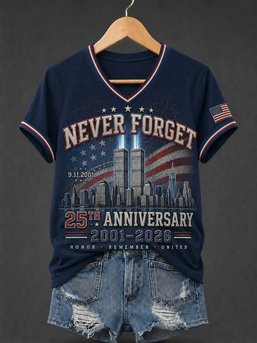 911 Never Forget 25th Anniversary V-Neck Shirt Remember Honor Unite T-Shirt Patriot Day Merch - Kdjoy