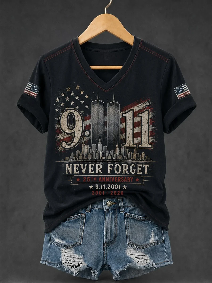 911 Never Forget 25th Anniversary V-Neck Shirt Twin Towers Memorial Merch Patriot Day Gifts - Kdjoy