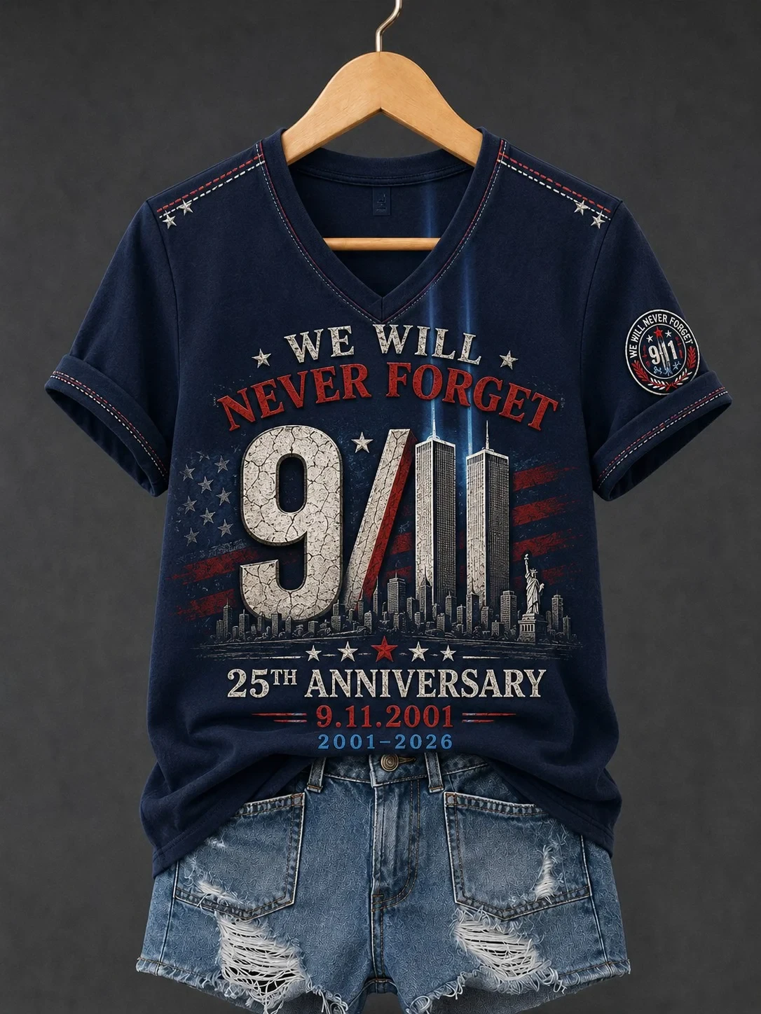911 Never Forget 25th Anniversary V-Neck Shirt Twin Towers Memorial T-Shirt Patriot Day Merch - Kdjoy
