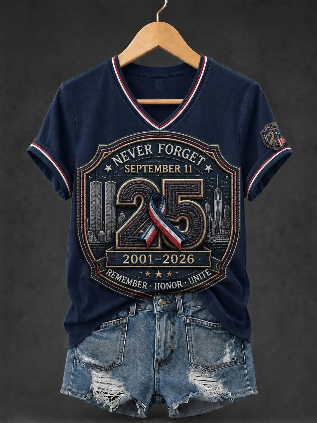 911 Never Forget 25th Anniversary V-Neck Shirt Twin Towers Memorial T-Shirt Remember Honor Unite - Kdjoy