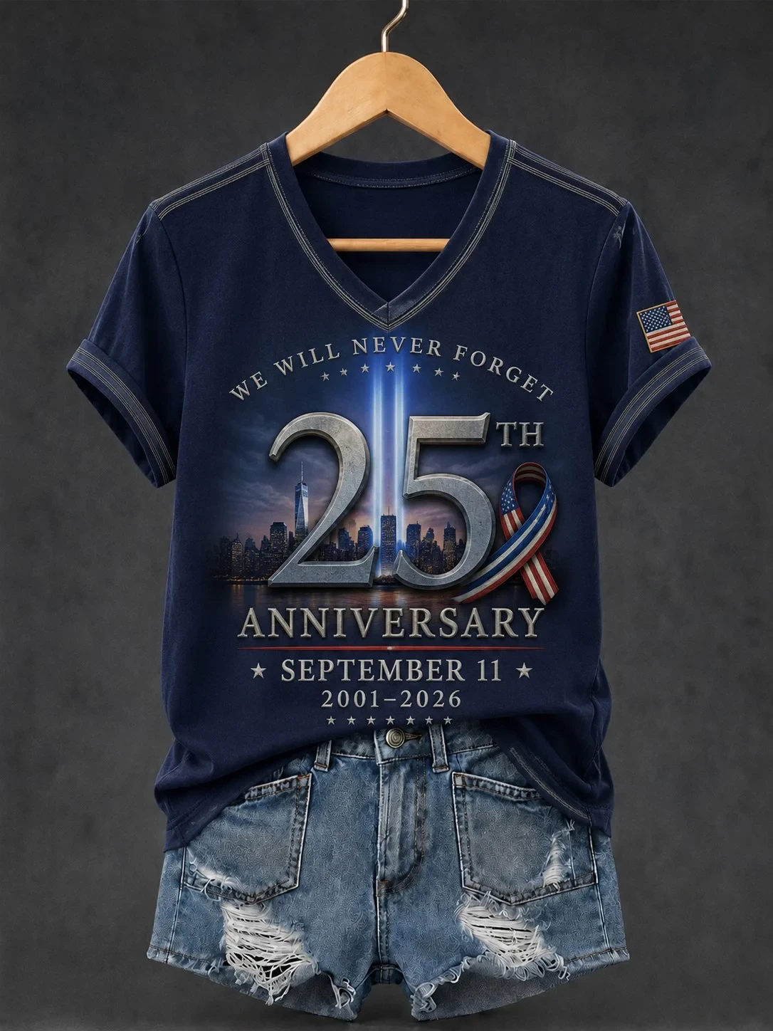 911 Never Forget 25th Anniversary V-Neck T-Shirt Patriot Day Merch Honoring Firefighter Shirt - Kdjoy