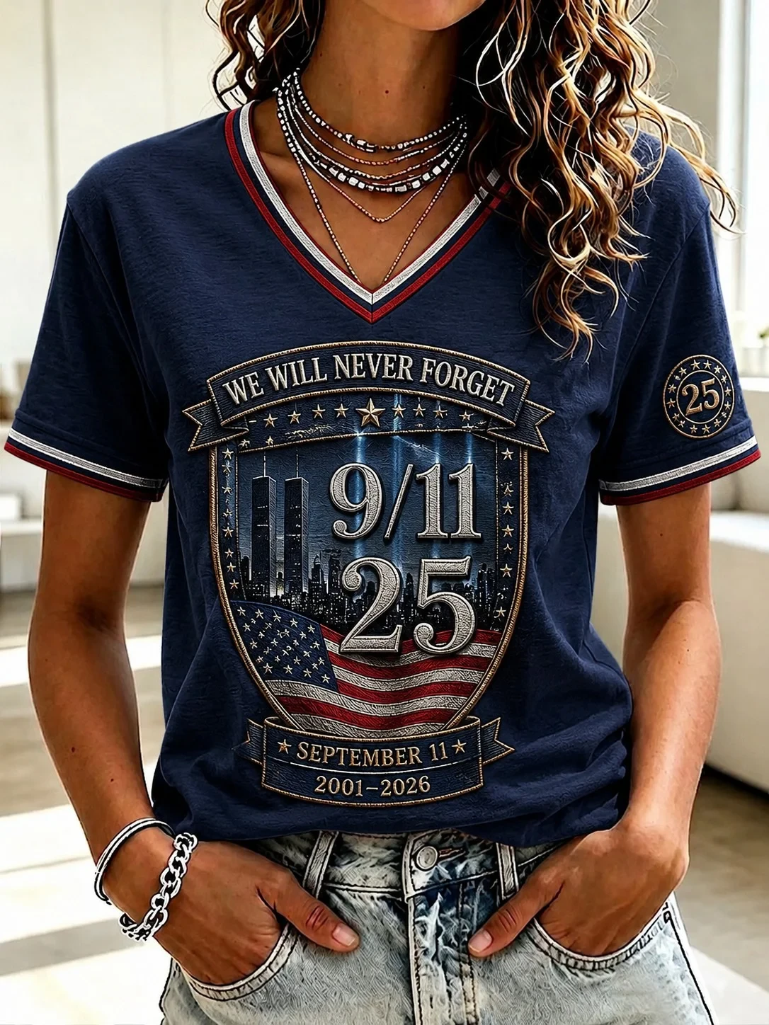 911 Never Forget 25th Anniversary V-Neck T-Shirt Patriot Day Shirt Gifts For Mother - Kdjoy