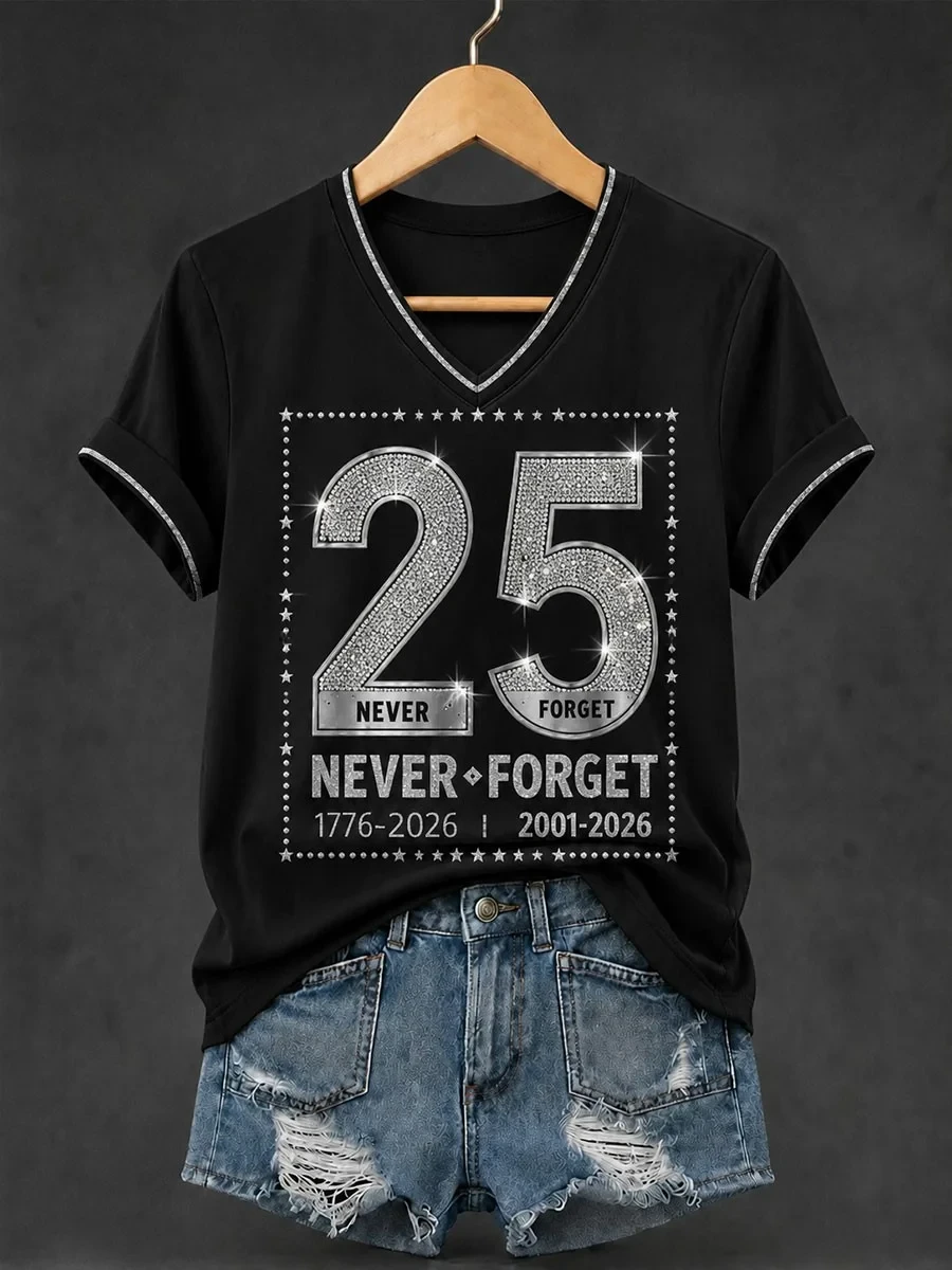 911 Never Forget 25th Anniversary V-Neck T-Shirt Twin Towers Memorial Apparel Patriot Day Merch - Kdjoy