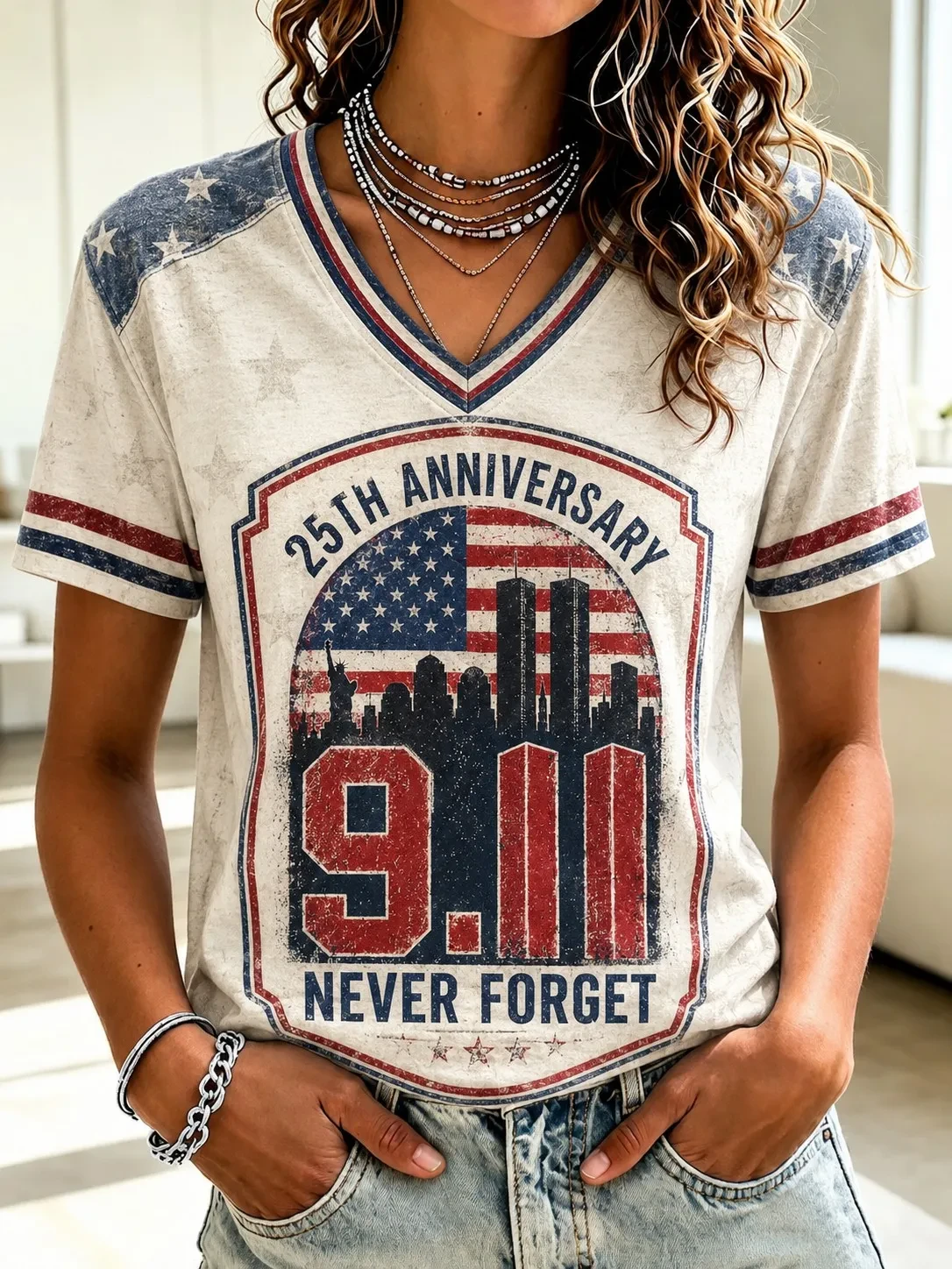 911 Never Forget 25th Anniversary V-Neck T-Shirt Twin Towers Memorial Merch Patriotic Gifts - Kdjoy