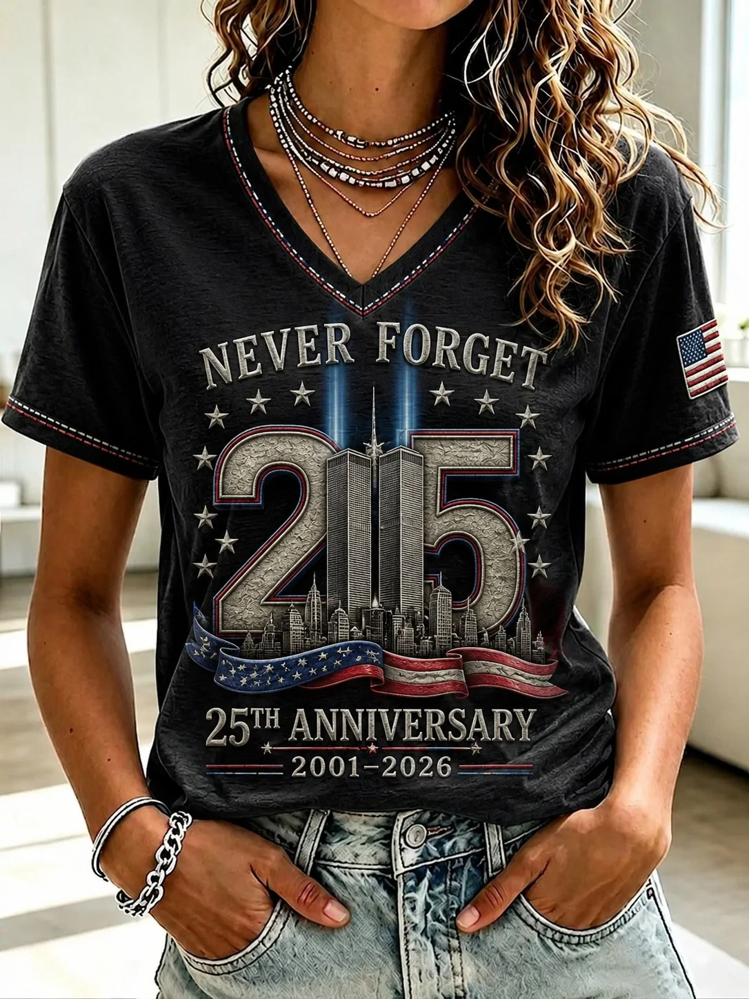 911 Never Forget 25th Anniversary V-Neck T-Shirt Twin Towers Memorial Patriot Day Clothing - Kdjoy