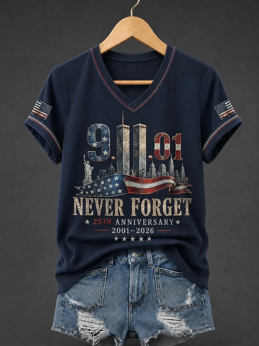911 Never Forget 25th Anniversary V-Neck T-Shirt Twin Towers Memorial Patriot Day Shirt Women - Kdjoy