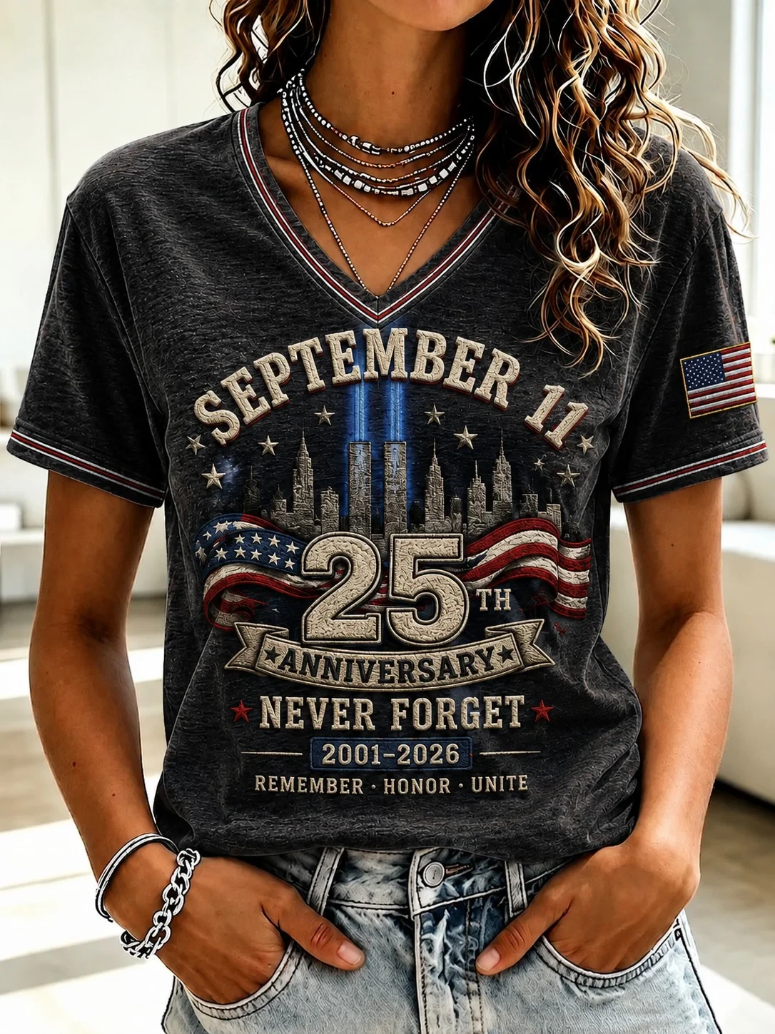 911 Never Forget Patriot Day V-Neck Shirt Twin Towers Memorial T-Shirt 25th Anniversary Clothes - Kdjoy