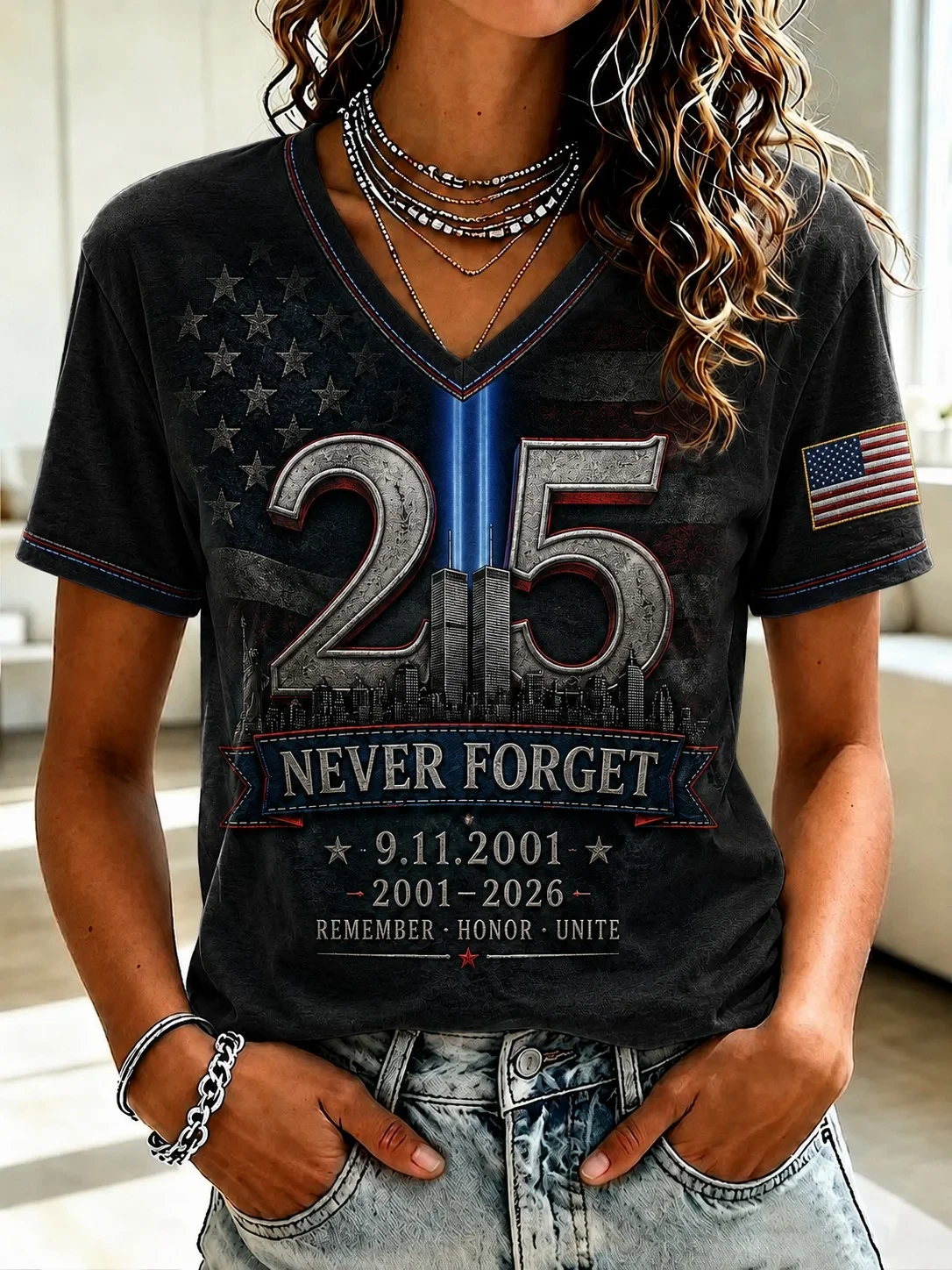 911 Never Forget Patriot Day V-Neck Shirt Twin Towers Memorial T-Shirt Patriot Day Clothes - Kdjoy