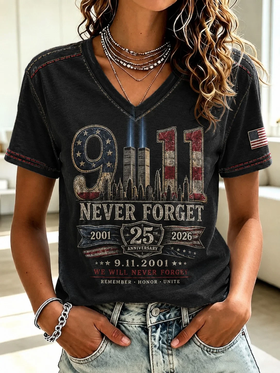 911 Never Forget Patriot Day V-Neck Shirt Twin Towers Memorial T-Shirt Women Gifts - Kdjoy