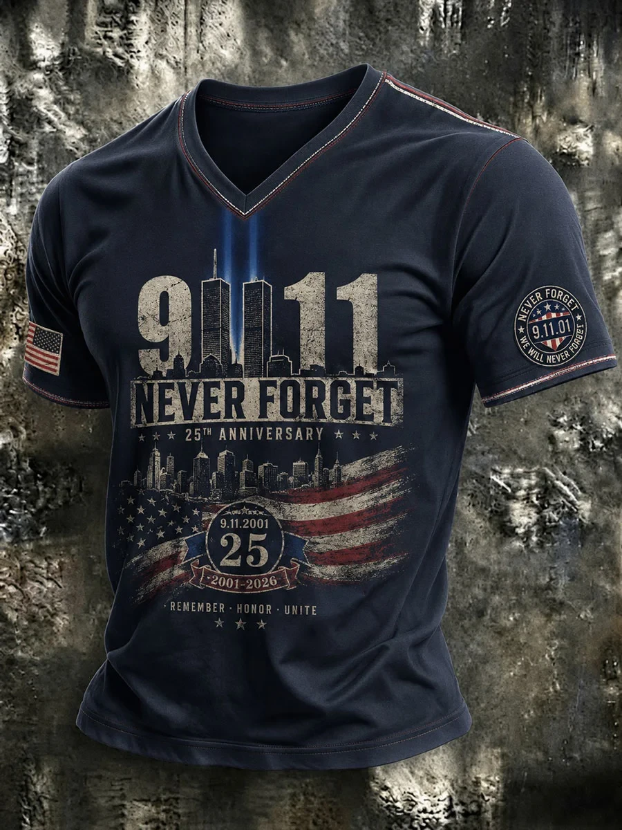 911 Never Forget Remember Honor Unite V-Neck T-Shirt Twin Towers Memorial Patriot Day Clothing - Kdjoy