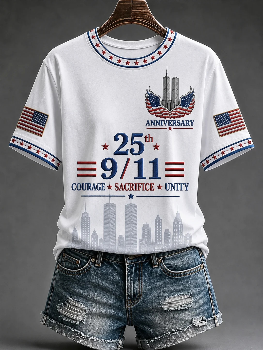 911 Never Forget Shirt Twin Towers Memorial Merch Courage Sacrifice Unity 25th Anniversary T-Shirt - Kdjoy