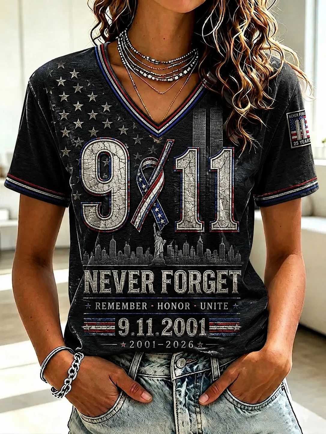911 Never Forget V-Neck T-Shirt Twin Towers Memorial Patriot Day Clothing 25th Anniversary Gift - Kdjoy