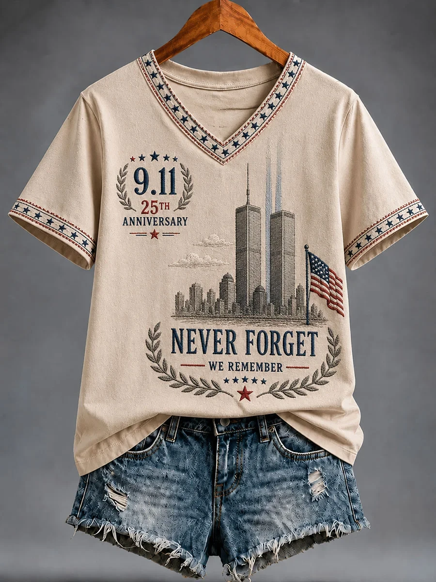 911 Never Forget We Remember 25th Anniversary V-Neck T-Shirt Twin Towers Memorial Merch - Kdjoy