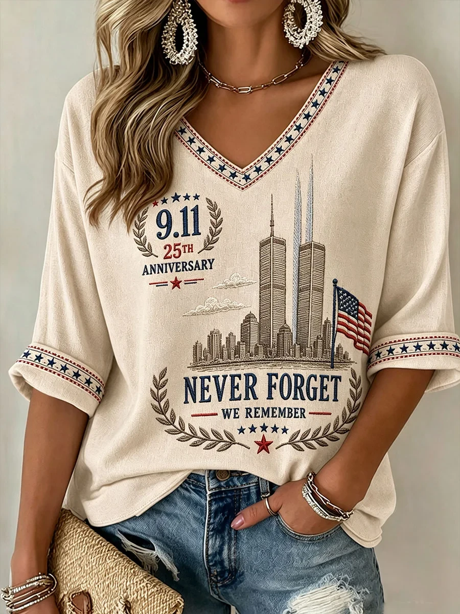 911 Never Forget We Remember Long Sleeve V-Neck Shirt Twin Towers Memorial Merch Patriot Day Gifts - Kdjoy