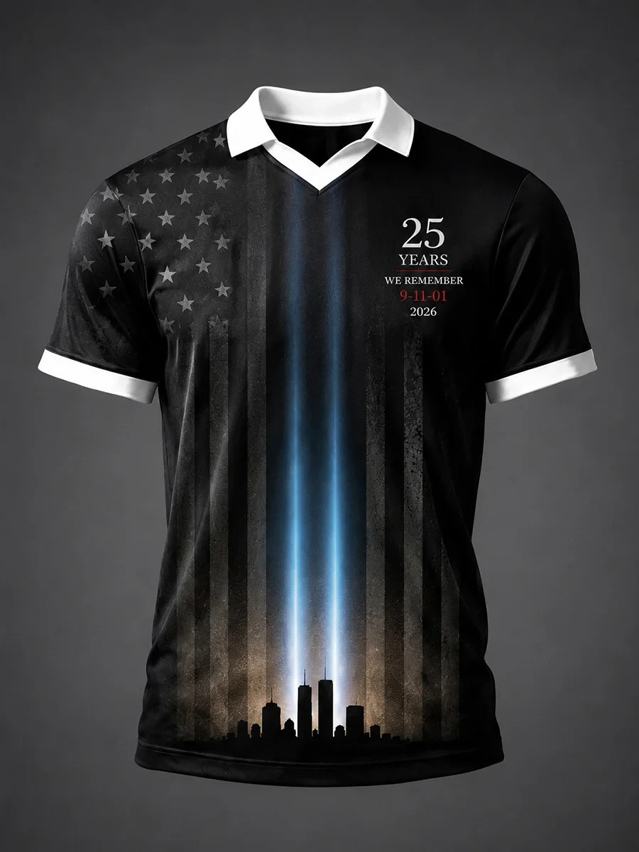 911 Never Forget We Remember V-Neck Polo Shirt Twin Towers Memorial Patriot Day Clothes Men - Kdjoy