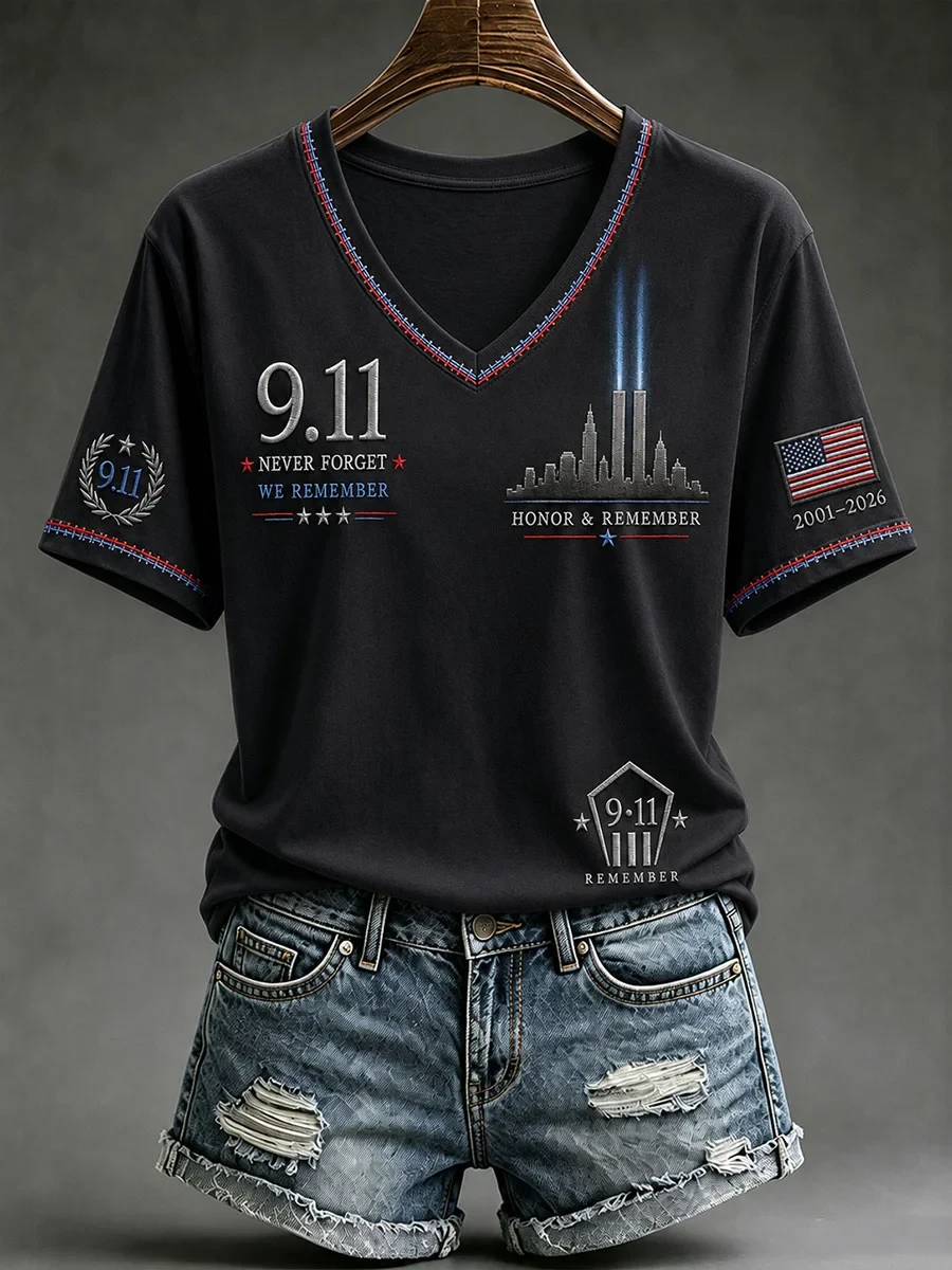 911 Never Forget We Remember V-Neck Shirt Twin Towers Memorial Merch Patriot Day Gifts Women - Kdjoy