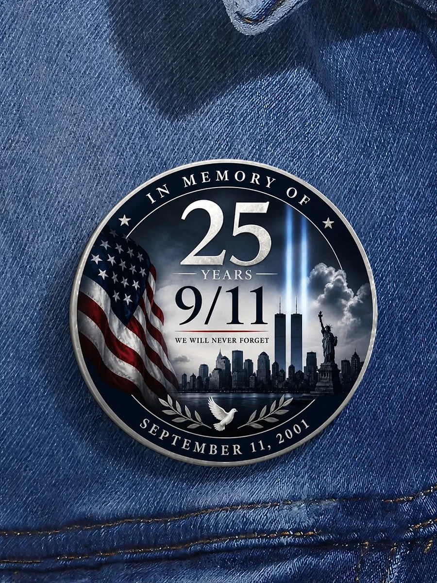 911 We Will Never Forget 25th Anniversary Button Pin Twin Towers Memorial Patriot Day Merch - Kdjoy