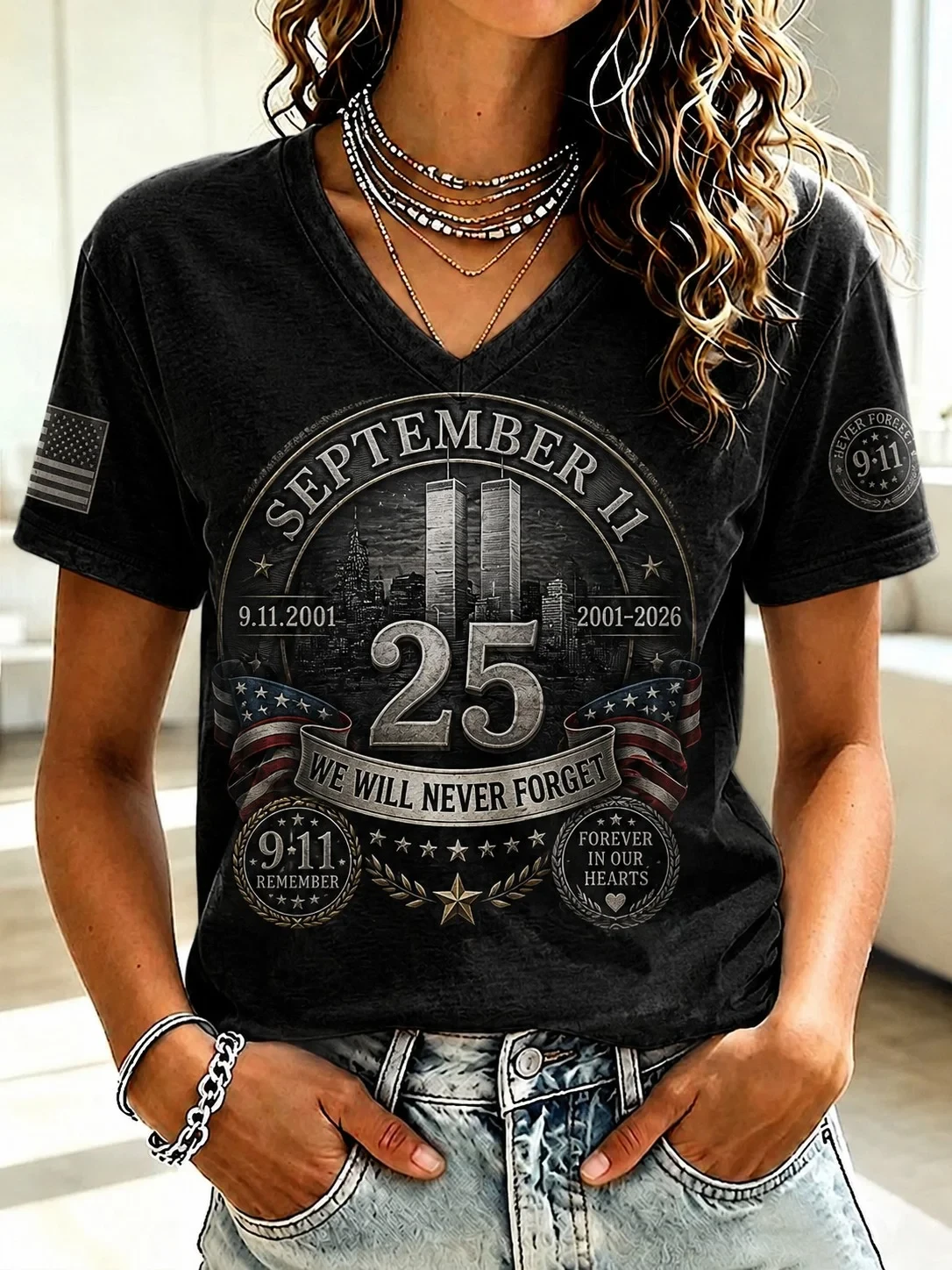911 We Will Never Forget 25th Anniversary V-Neck Shirt Patriot Day Merch Forever In Our Hearts - Kdjoy